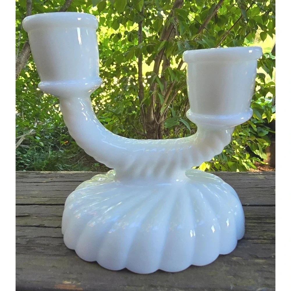 Fenton Vintage Milk Glass Double Candlestick Holder Swirl Ribbed Pattern Set